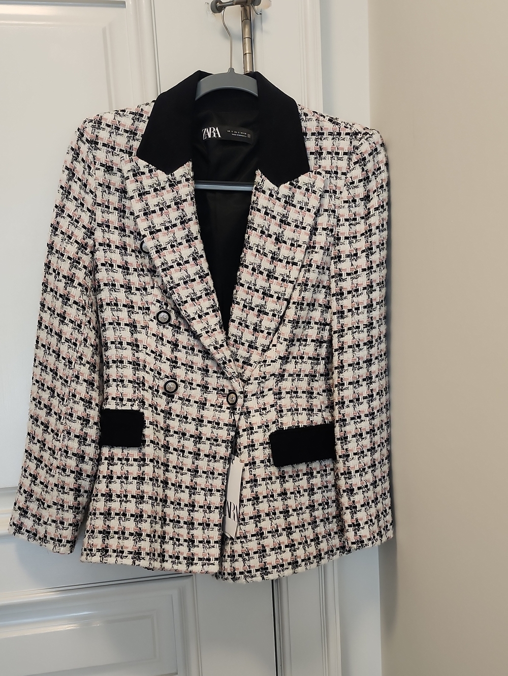 Zara Pink, Black & White Tweed Double-Breasted Blazer